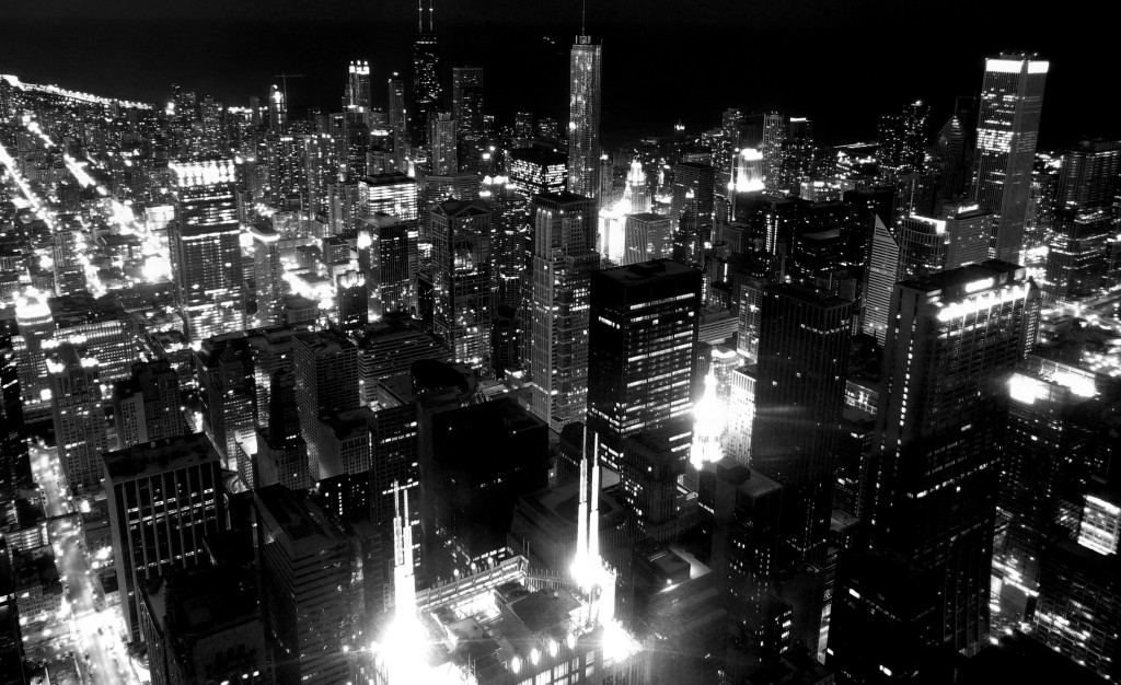 Panoramic View Of Chicago Skyline At Night In Black And White Synergysynergy